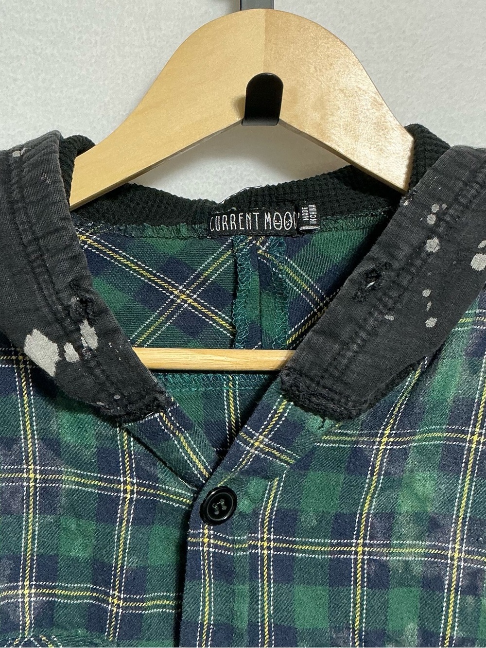 Current Mood Green Plaid Hooded Flannel Shirt Women’s S Grunge Distressed - Picture 7 of 15